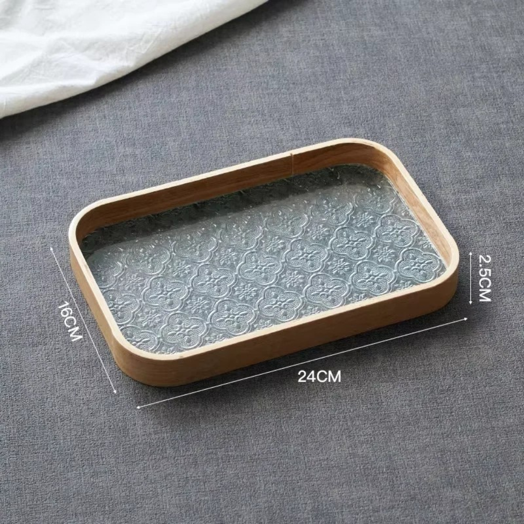Japan-Style Wood & Embossed Glass Serving Tray