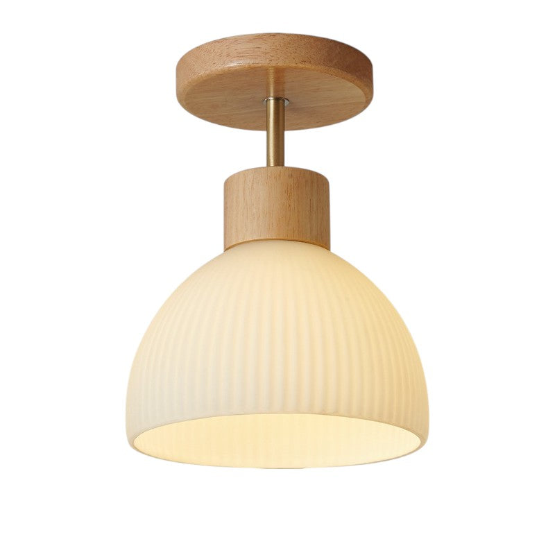 Wood and Glass Ceiling Lamp - Natural LED Flush Mount Light for Bedroom, Hallway, Living Room, Soft Diffused Warm Glow