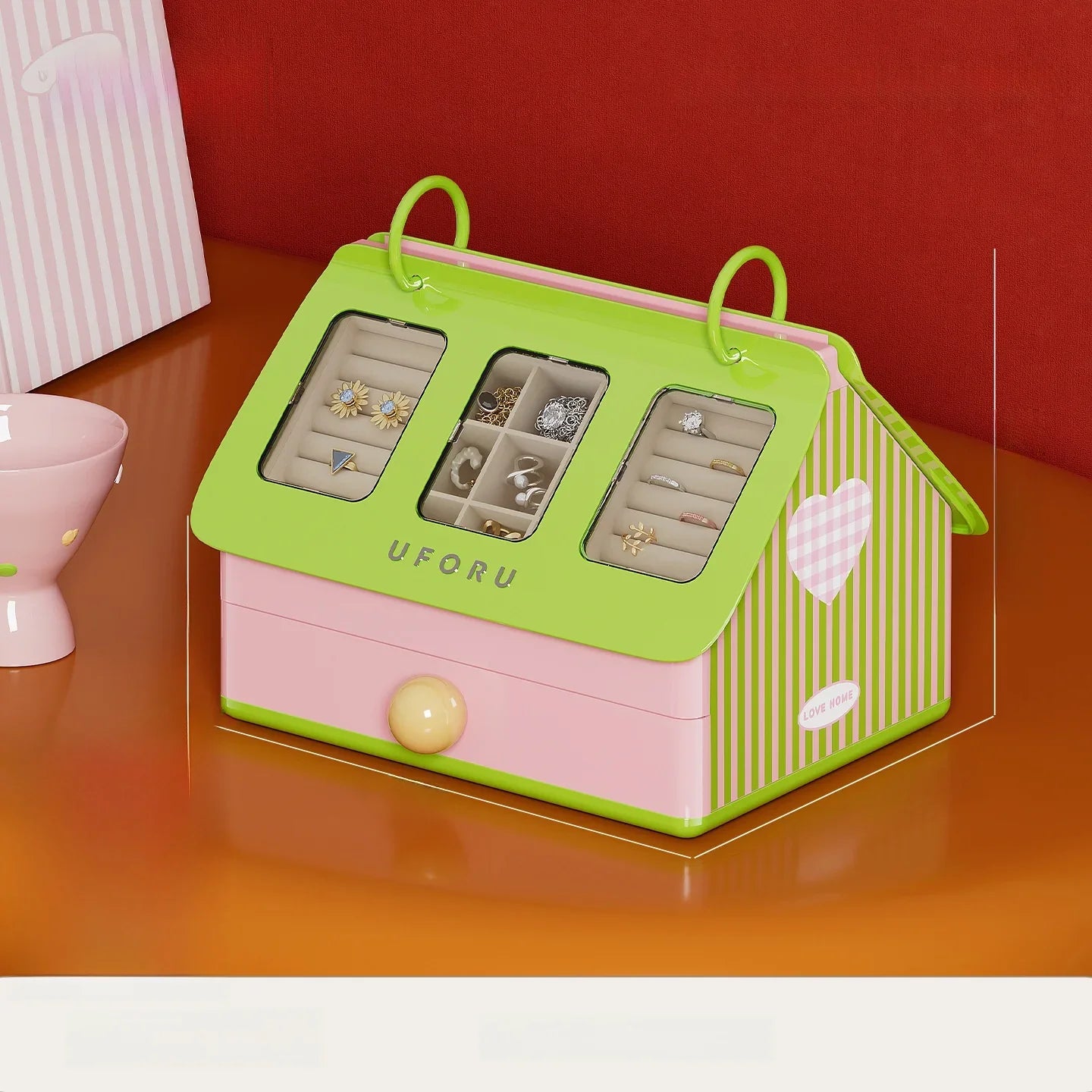 House-Shaped 9-Grid Jewelry Storage Box with Flip Cover