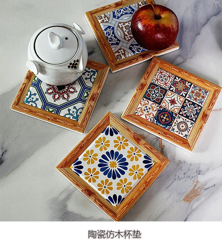 Bohemian Hand-Painted Floral Tile Ceramic Coaster with Cork Base | Table Decor
