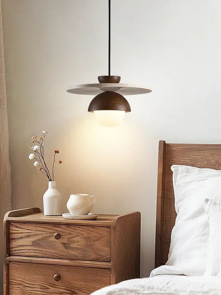 Walnut and Stone Pendant Light - Scandinavian LED Chandelier with Wood Dome and Stone Disc for Dining Room, Kitchen Island