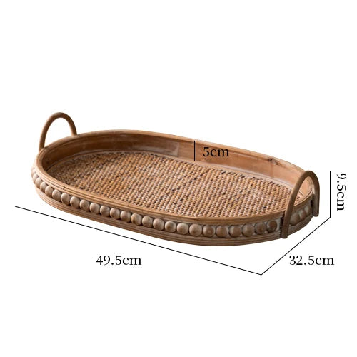 Vintage Oval Rattan Wooden Serving Tray with Handles