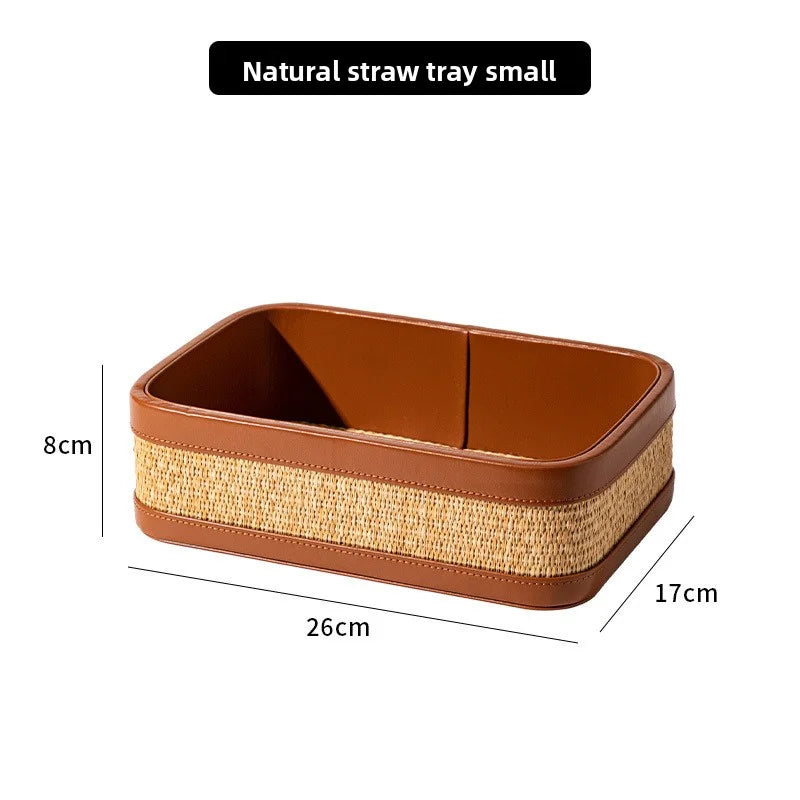 Luxury Natural Straw & Leather Tissue Box Multifunctional Storage Set