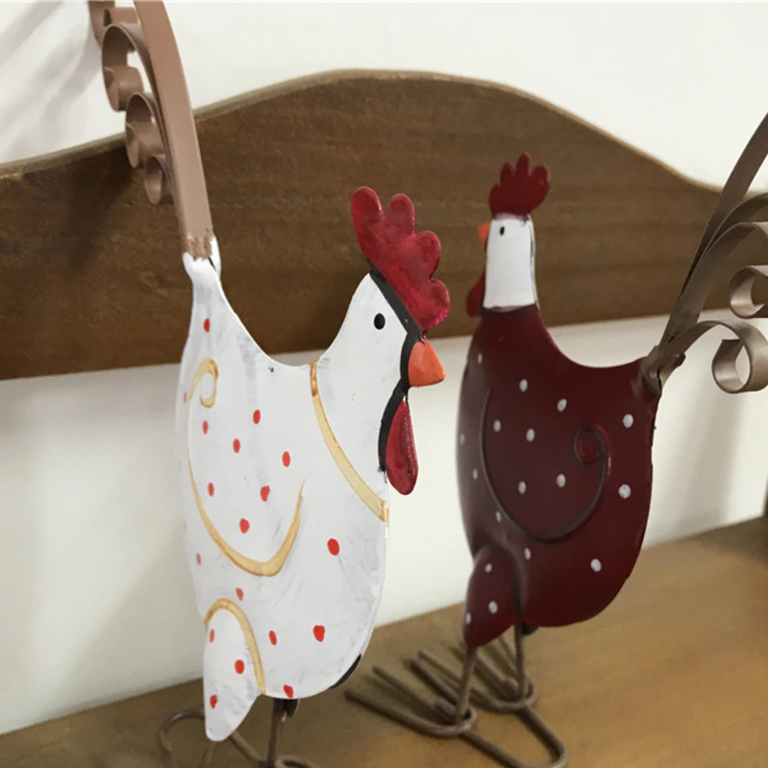 Iron Chicken Figurine with White Polka Dots