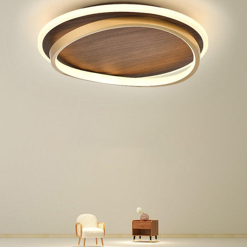 Walnut and Gold LED Ceiling Lamp - Modern Round Flush Mount Light for Bedroom, Study, Dining Room, Minimalist Warm Design