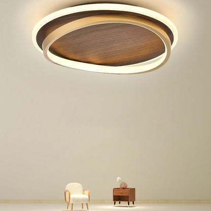 Walnut and Gold LED Ceiling Lamp - Modern Round Flush Mount Light for Bedroom, Study, Dining Room, Minimalist Warm Design