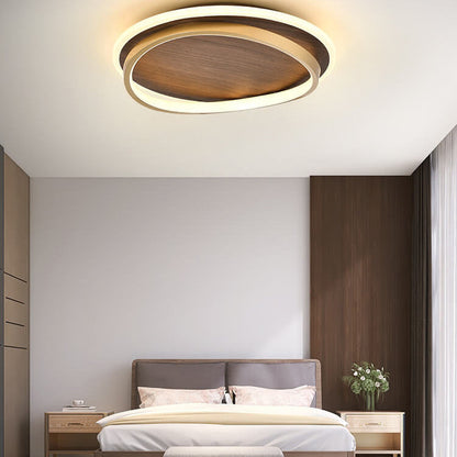 Walnut and Gold LED Ceiling Lamp - Modern Round Flush Mount Light for Bedroom, Study, Dining Room, Minimalist Warm Design