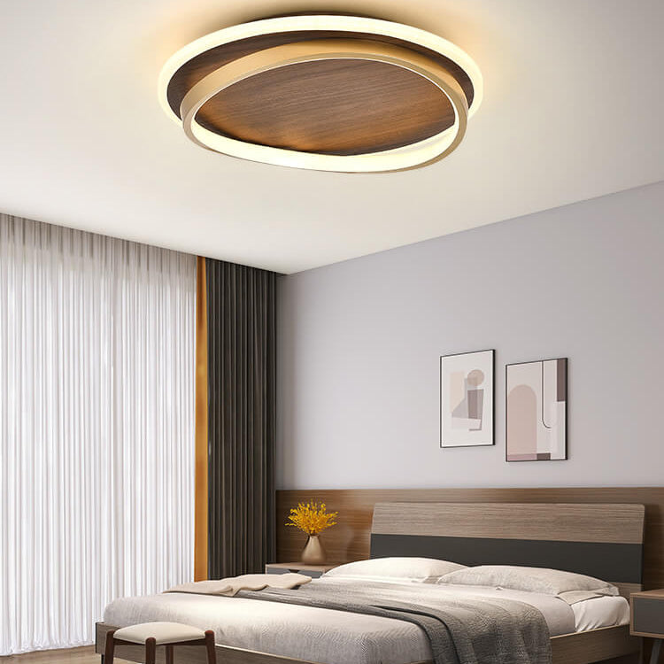 Walnut and Gold LED Ceiling Lamp - Modern Round Flush Mount Light for Bedroom, Study, Dining Room, Minimalist Warm Design
