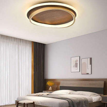 Walnut and Gold LED Ceiling Lamp - Modern Round Flush Mount Light for Bedroom, Study, Dining Room, Minimalist Warm Design