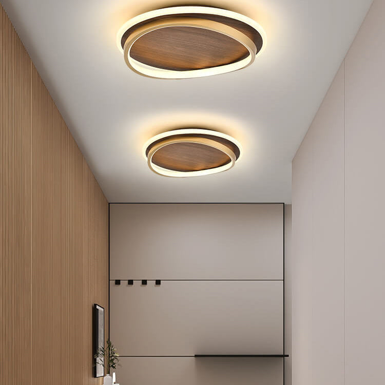 Walnut and Gold LED Ceiling Lamp - Modern Round Flush Mount Light for Bedroom, Study, Dining Room, Minimalist Warm Design