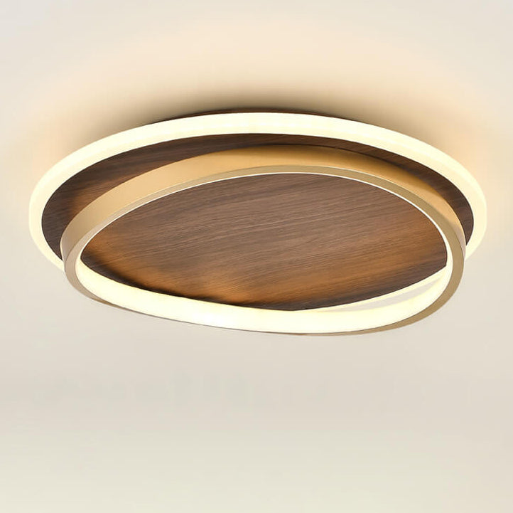 Walnut and Gold LED Ceiling Lamp - Modern Round Flush Mount Light for Bedroom, Study, Dining Room, Minimalist Warm Design