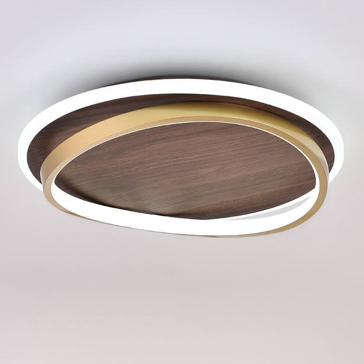 Walnut and Gold LED Ceiling Lamp - Modern Round Flush Mount Light for Bedroom, Study, Dining Room, Minimalist Warm Design