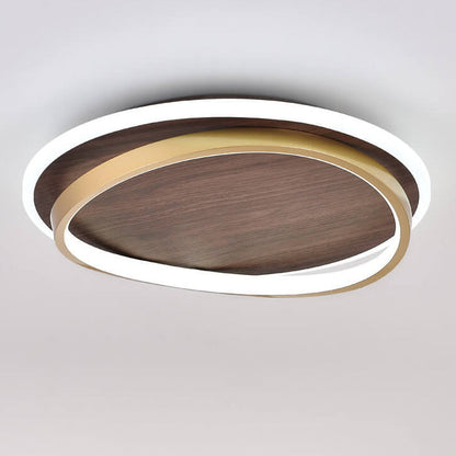 Walnut and Gold LED Ceiling Lamp - Modern Round Flush Mount Light for Bedroom, Study, Dining Room, Minimalist Warm Design