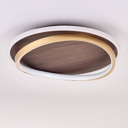 Walnut and Gold LED Ceiling Lamp - Modern Round Flush Mount Light for Bedroom, Study, Dining Room, Minimalist Warm Design