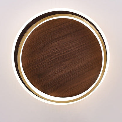 Walnut and Gold LED Ceiling Lamp - Modern Round Flush Mount Light for Bedroom, Study, Dining Room, Minimalist Warm Design