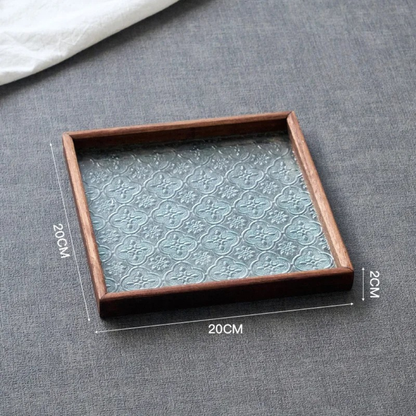 Japan-Style Wood & Embossed Glass Serving Tray