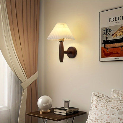 Nordic Wooden Wall Sconce | Retro Bedside Wall Lamp with Pleated Shade
