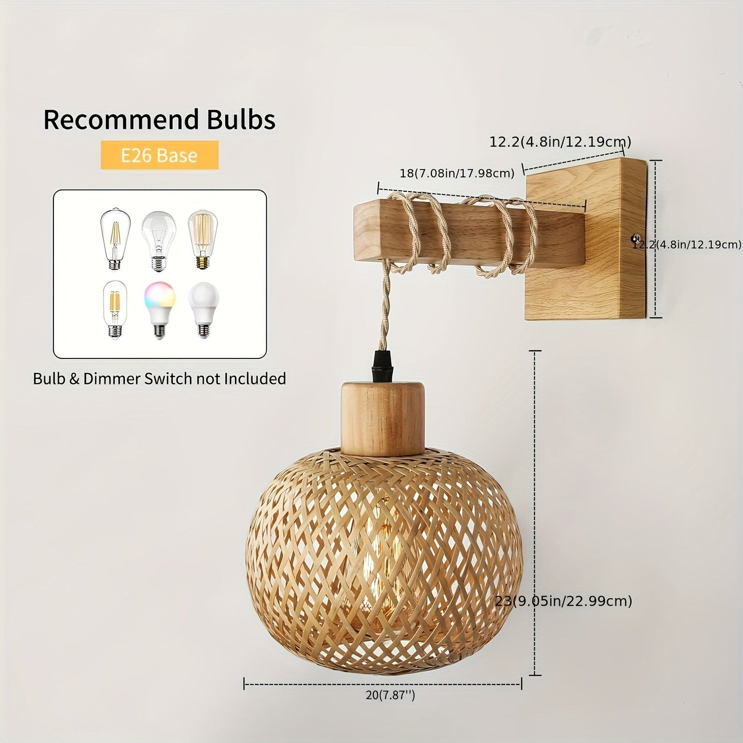 Wood and Rattan Wall Sconce - Handwoven Rustic Wall Light for Bedroom, Hallway, Dining Room, Coastal, Boho, Scandi Decor