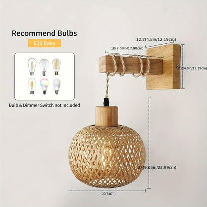 Wood and Rattan Wall Sconce - Handwoven Rustic Wall Light for Bedroom, Hallway, Dining Room, Coastal, Boho, Scandi Decor