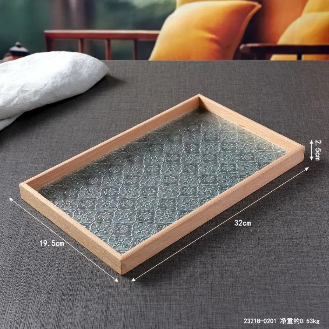 Japan-Style Wood & Embossed Glass Serving Tray