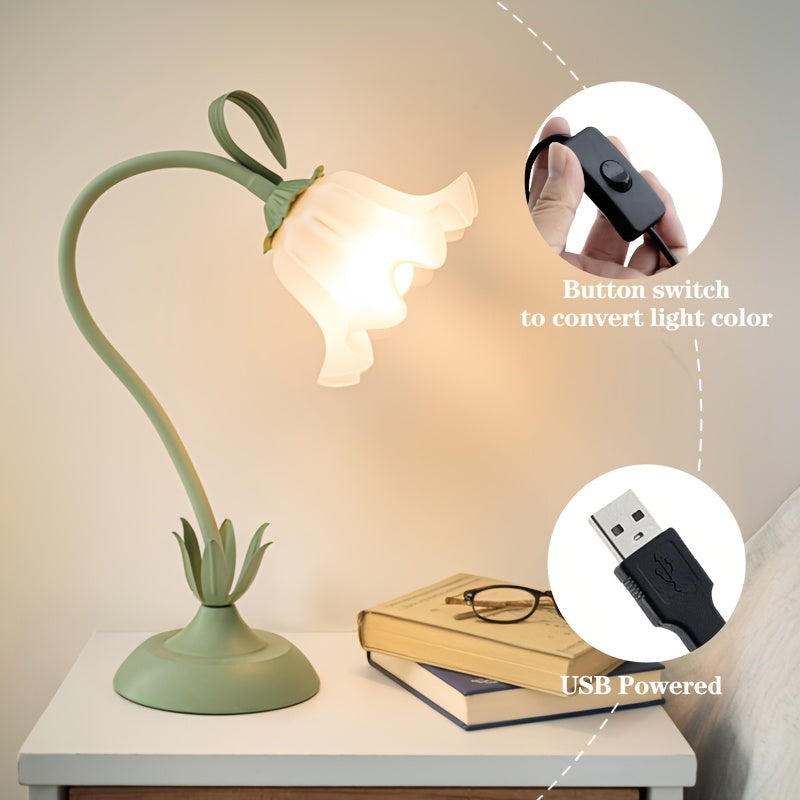 Floral Table Lamp USB Powered - Flower Shade Accent Light for Bedroom, Living Room, Reading Corner, Romantic Soft Glow