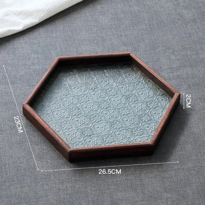 Japan-Style Wood & Embossed Glass Serving Tray
