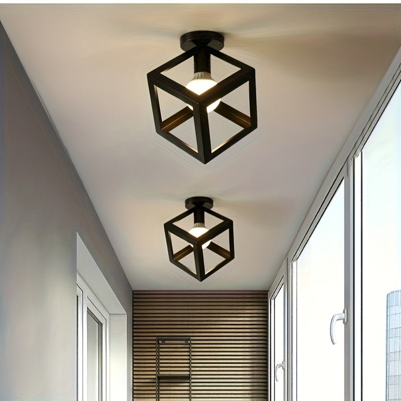 Geometric Cube Ceiling Light - Matte Black Open Frame Semi Flush Mount for Living Room, Bedroom, Hallway, Industrial Style