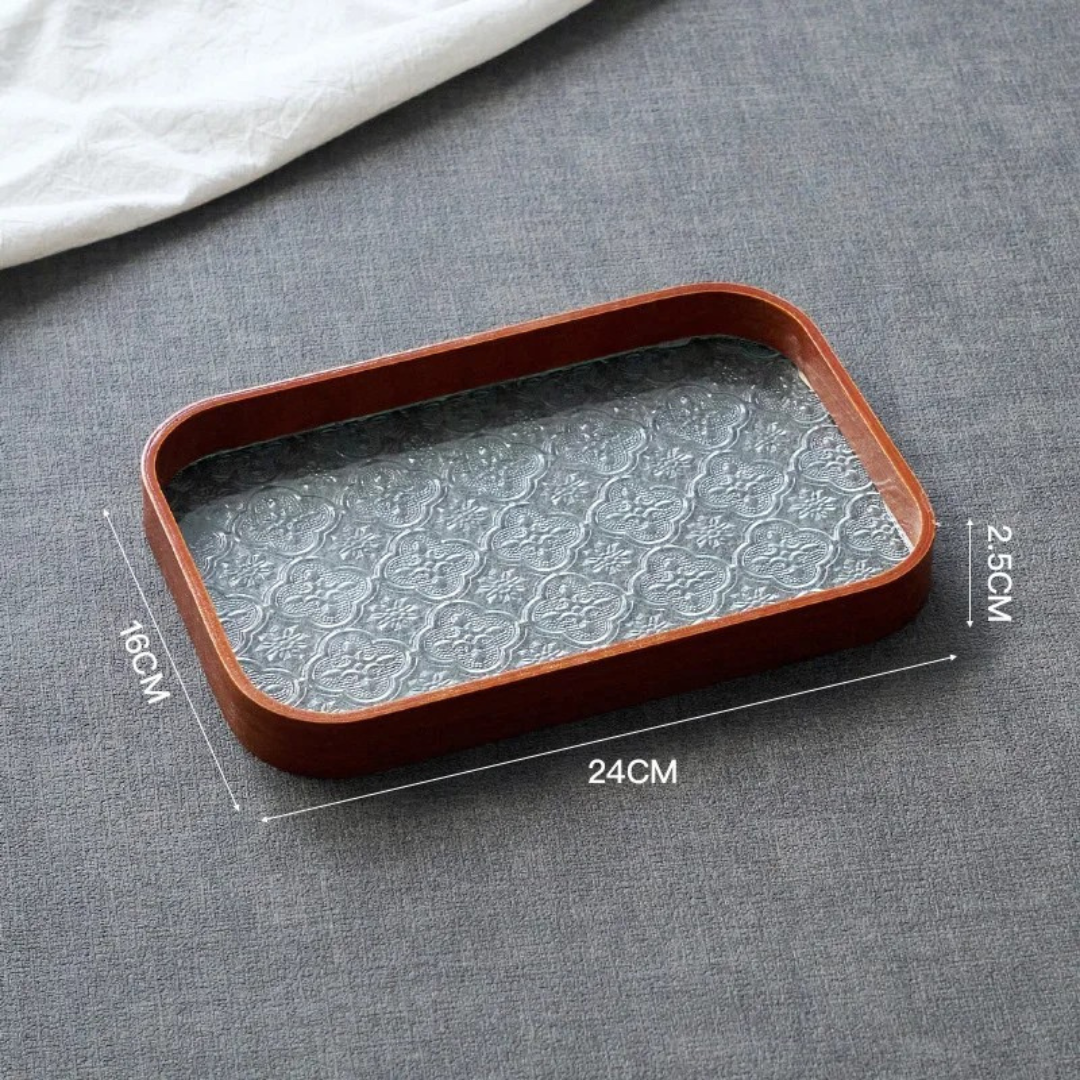 Japan-Style Wood & Embossed Glass Serving Tray