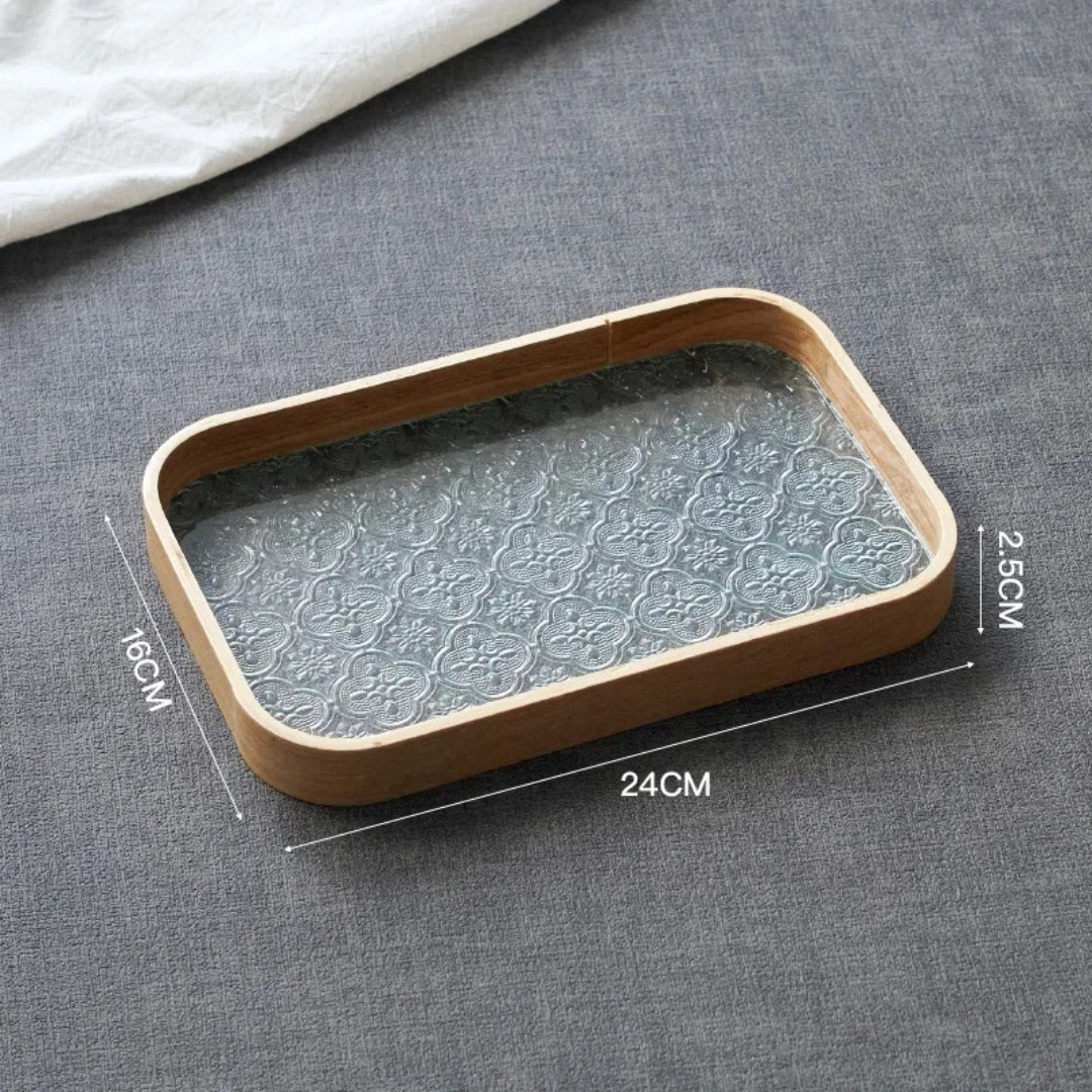 Japan-Style Wood & Embossed Glass Serving Tray