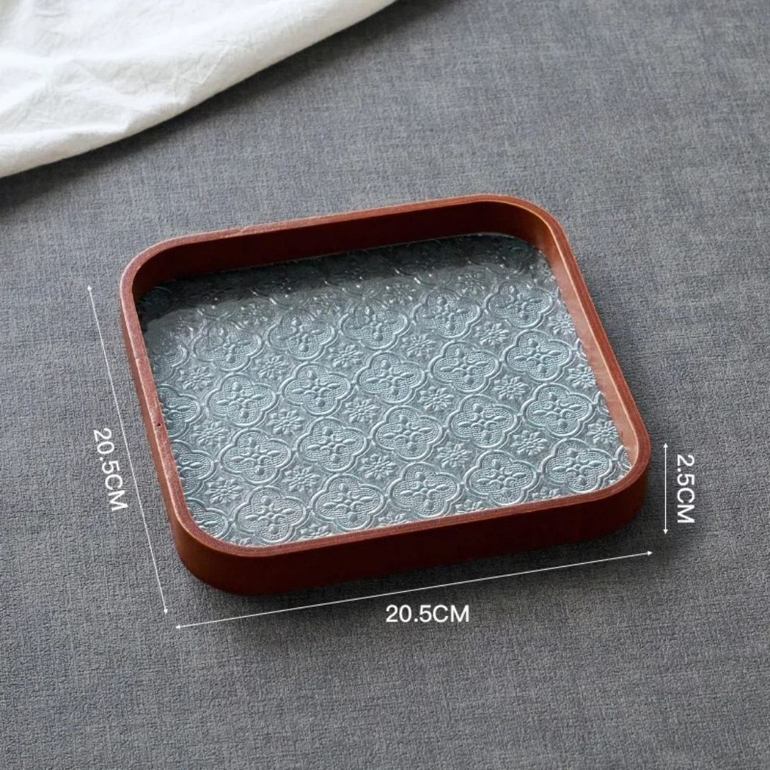 Japan-Style Wood & Embossed Glass Serving Tray