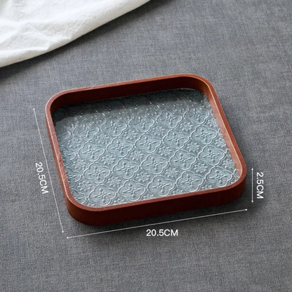 Japan-Style Wood & Embossed Glass Serving Tray