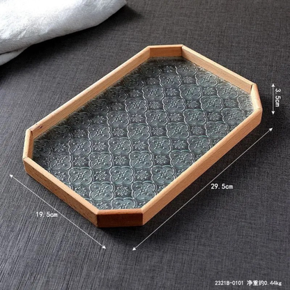 Japan-Style Wood & Embossed Glass Serving Tray