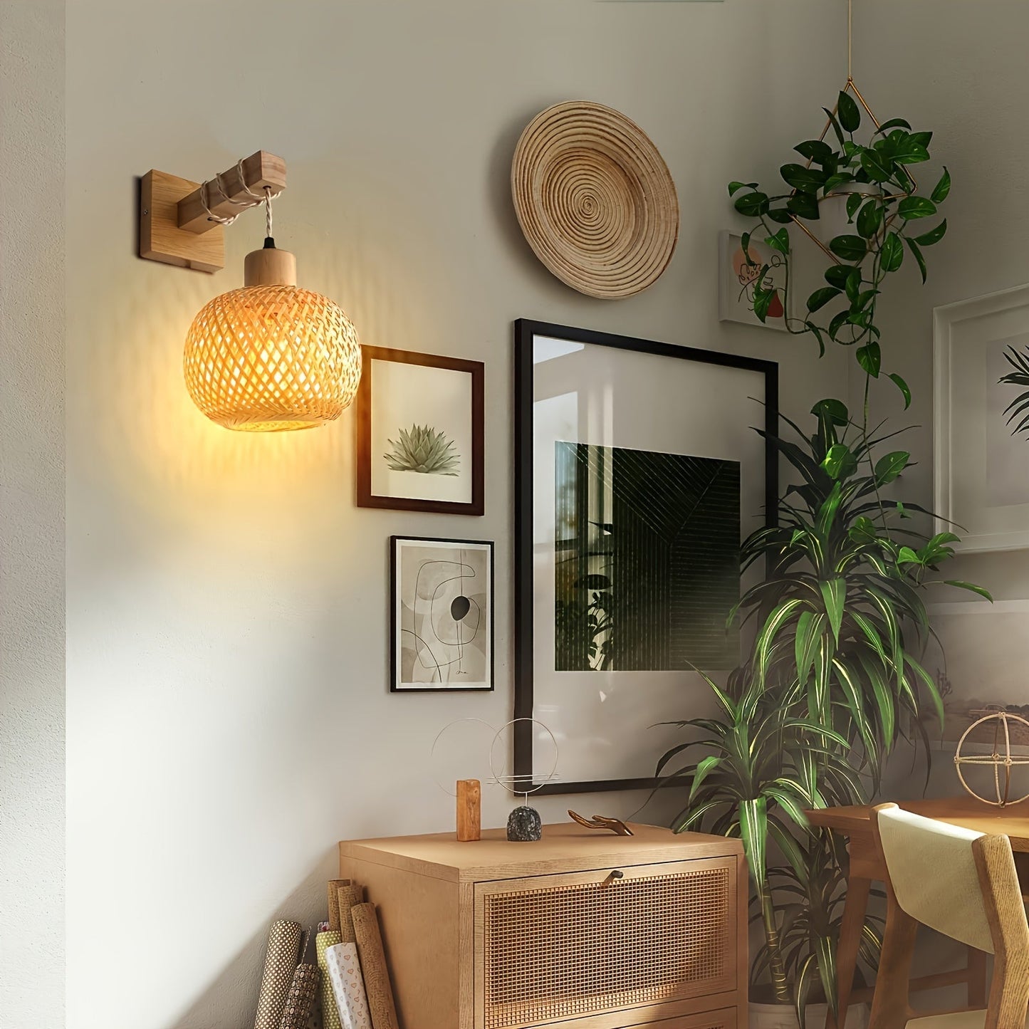Wood and Rattan Wall Sconce - Handwoven Rustic Wall Light for Bedroom, Hallway, Dining Room, Coastal, Boho, Scandi Decor