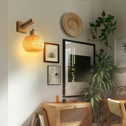 Wood and Rattan Wall Sconce - Handwoven Rustic Wall Light for Bedroom, Hallway, Dining Room, Coastal, Boho, Scandi Decor