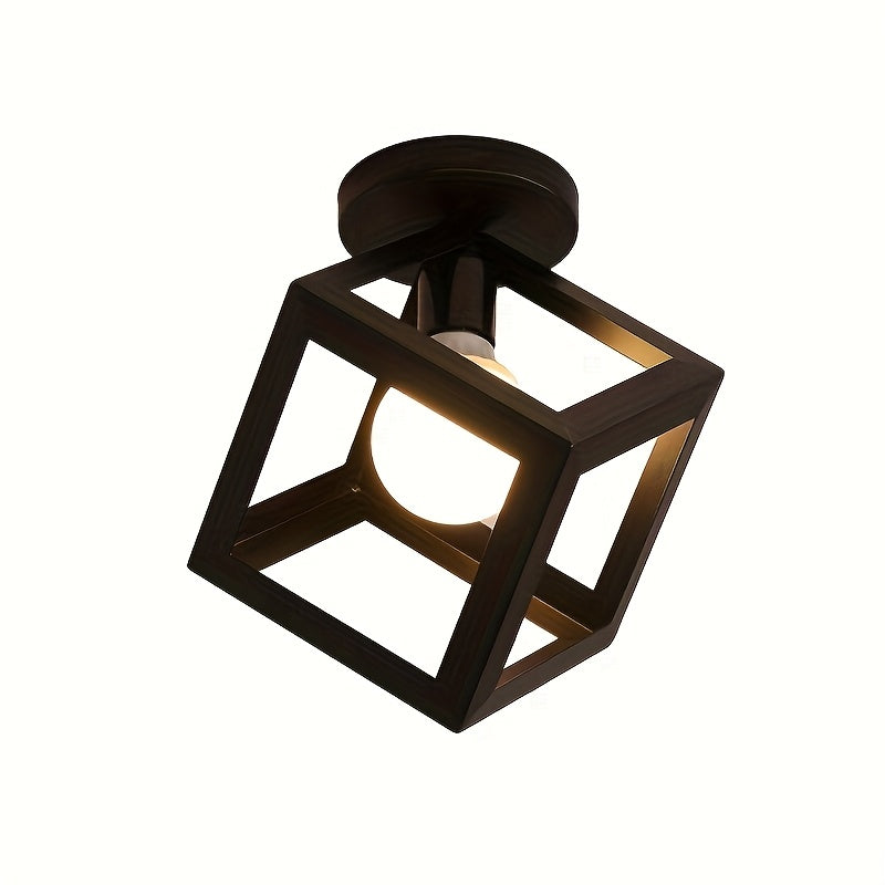 Geometric Cube Ceiling Light - Matte Black Open Frame Semi Flush Mount for Living Room, Bedroom, Hallway, Industrial Style