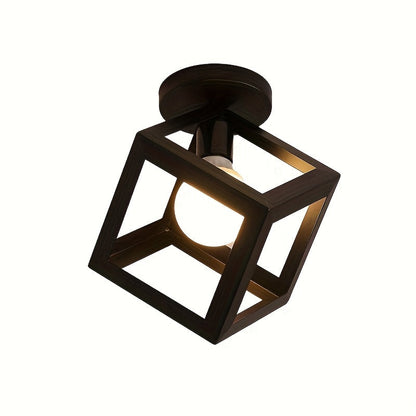 Geometric Cube Ceiling Light - Matte Black Open Frame Semi Flush Mount for Living Room, Bedroom, Hallway, Industrial Style