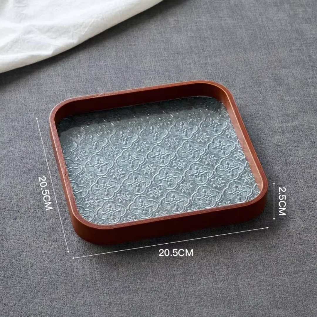 Japan-Style Wood & Embossed Glass Serving Tray