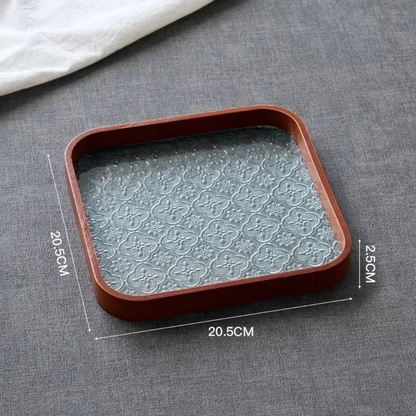 Japan-Style Wood & Embossed Glass Serving Tray