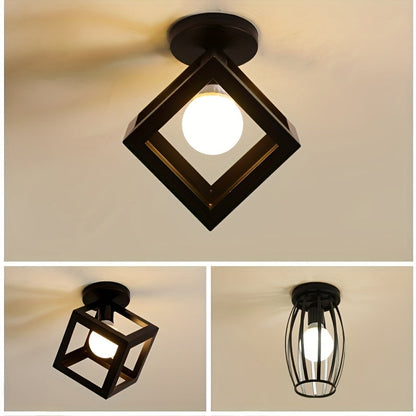 Geometric Cube Ceiling Light - Matte Black Open Frame Semi Flush Mount for Living Room, Bedroom, Hallway, Industrial Style