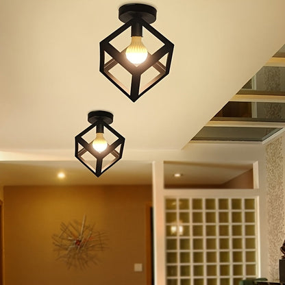 Geometric Cube Ceiling Light - Matte Black Open Frame Semi Flush Mount for Living Room, Bedroom, Hallway, Industrial Style