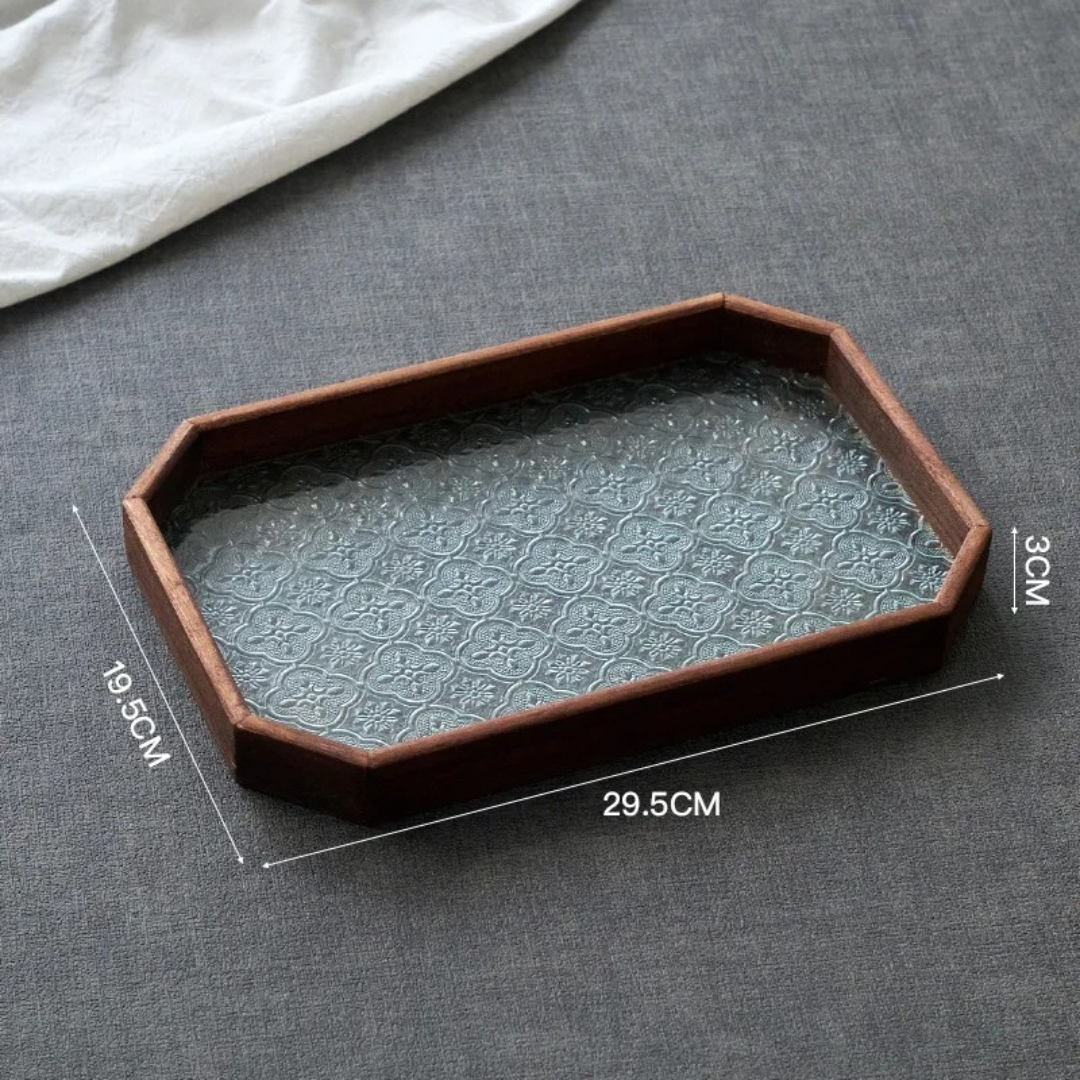 Japan-Style Wood & Embossed Glass Serving Tray