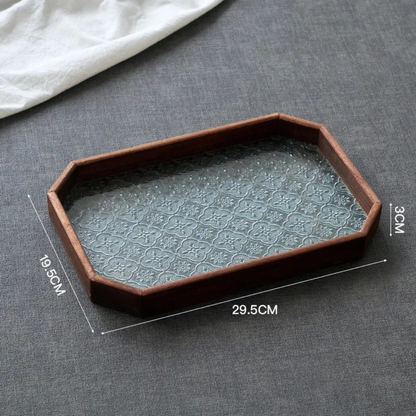 Japan-Style Wood & Embossed Glass Serving Tray