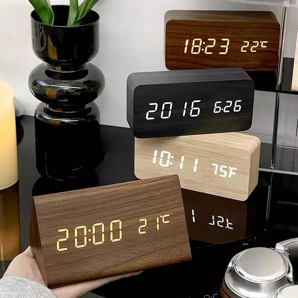 LED smart alarm clock wooden design