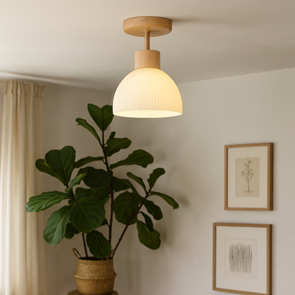 Wood and Glass Ceiling Lamp - Natural LED Flush Mount Light for Bedroom, Hallway, Living Room, Soft Diffused Warm Glow