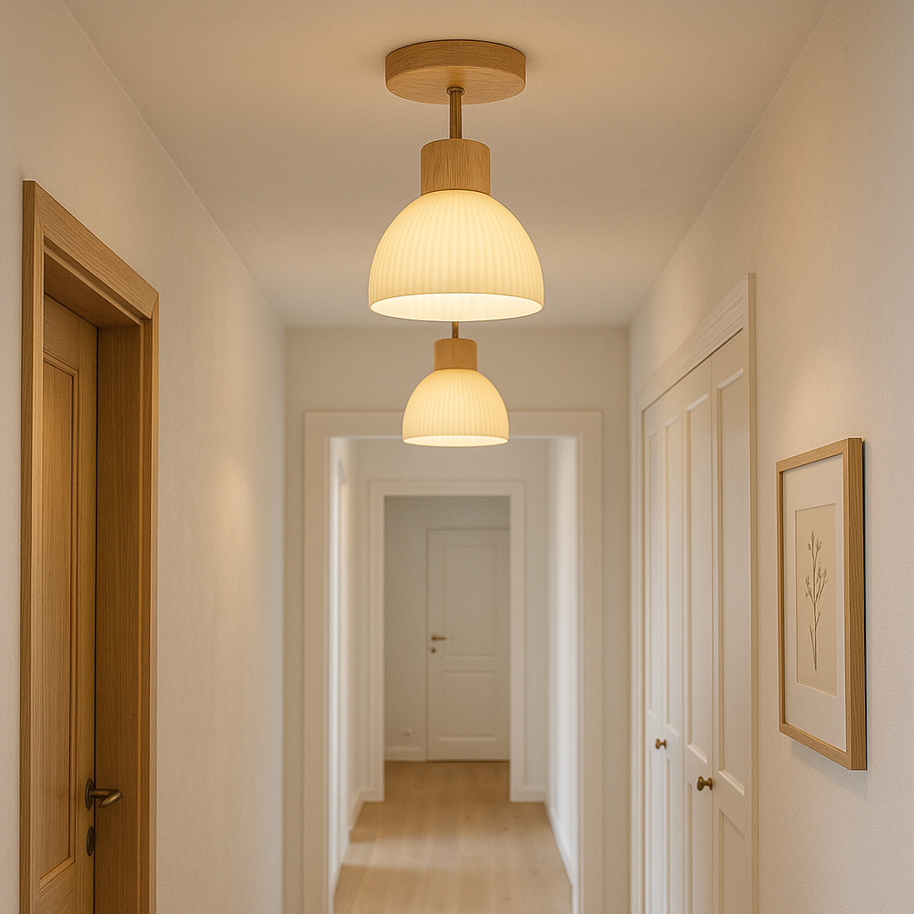 Wood and Glass Ceiling Lamp - Natural LED Flush Mount Light for Bedroom, Hallway, Living Room, Soft Diffused Warm Glow