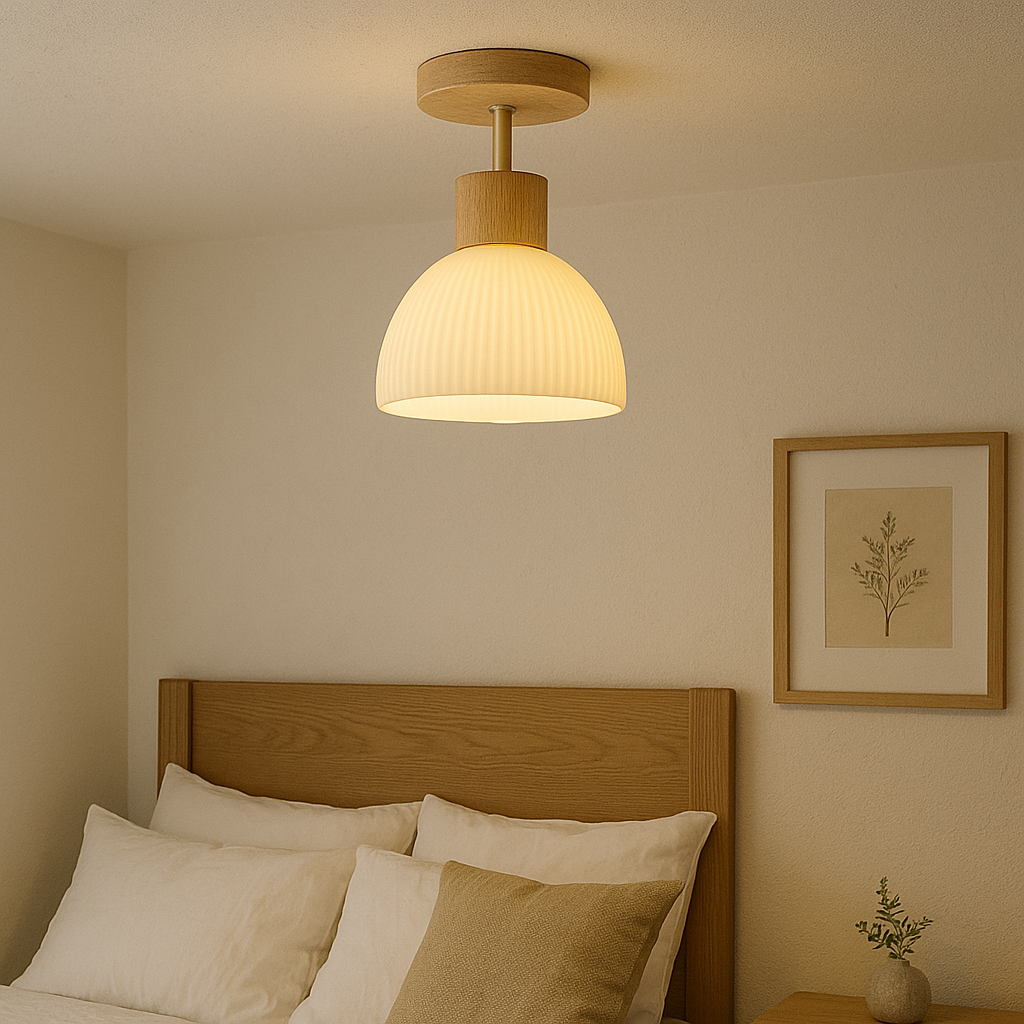 Wood and Glass Ceiling Lamp - Natural LED Flush Mount Light for Bedroom, Hallway, Living Room, Soft Diffused Warm Glow