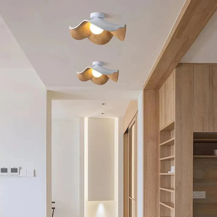 Scandinavian Wooden Lotus Ceiling Light | Resin & Iron Modern Flush Lamp