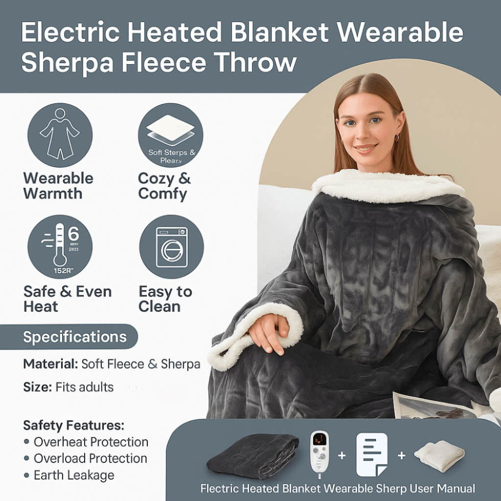 Wearable Electric Heated Blanket - Sherpa Fleece Throw for Adults, 6 Heat Levels 86-122F for Sofa, Reading, Movie Nights