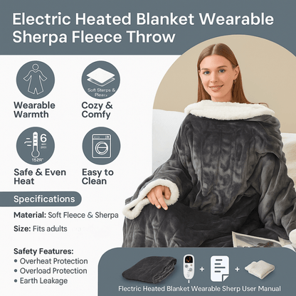 Wearable Electric Heated Blanket - Sherpa Fleece Throw for Adults, 6 Heat Levels 86-122F for Sofa, Reading, Movie Nights