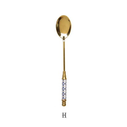 Stainless Steel Dessert Spoon- Ceramic Long Handle Gold Teaspoon